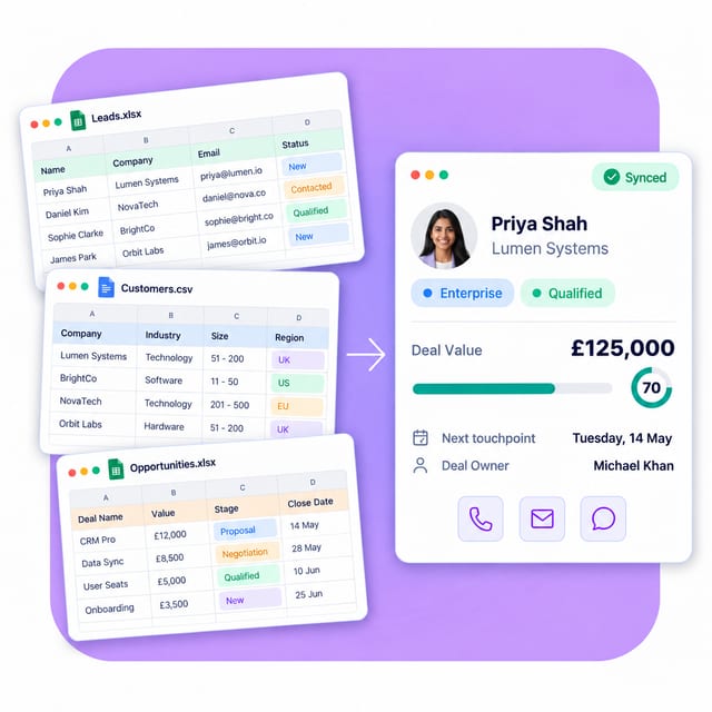 Illustration of several spreadsheets being replaced by a custom CRM customer record